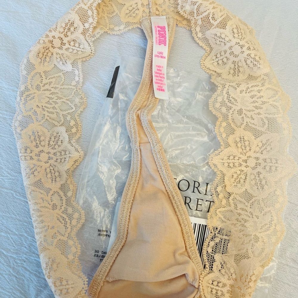 Victoria's Secret Tong Panties Women SZ L Beige Lace  New in bag - Picture 5 of 5